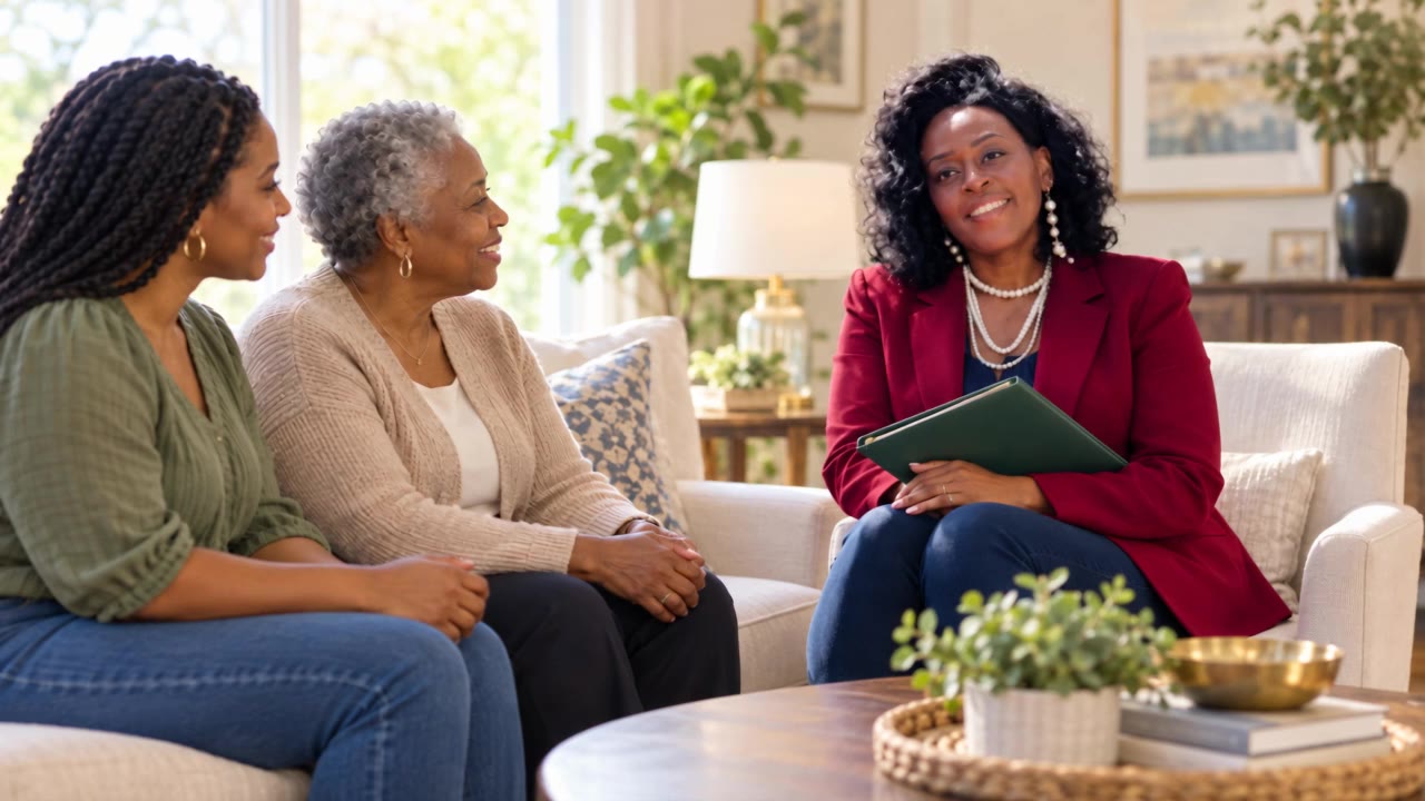 A readiness guide sharing a warm conversation with two family members.
